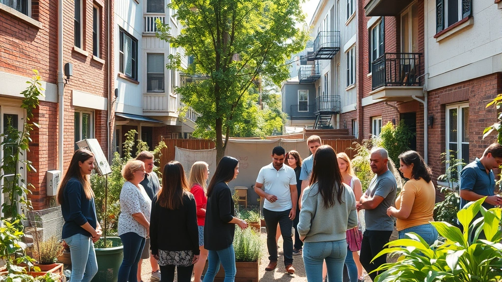 Diverse group of people in a community garden or outdoor space between residential buildings, natural lighting, showing community engagement and neighborhood interaction