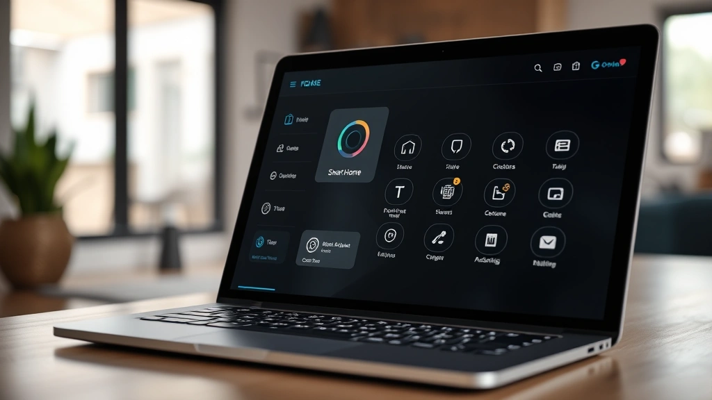 Close-up of a laptop or tablet screen showing smart home controls and digital interface, blurred background of residential interior, emphasizing technology in modern housing