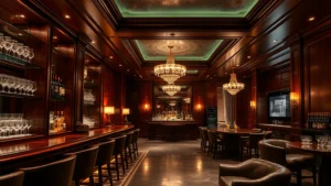 Realistic interior of a high-end hotel bar with mahogany wood paneling, ambient lighting, crystal glasses on shelves, and comfortable leather seating, no people visible