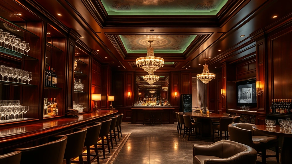 Realistic interior of a high-end hotel bar with mahogany wood paneling, ambient lighting, crystal glasses on shelves, and comfortable leather seating, no people visible