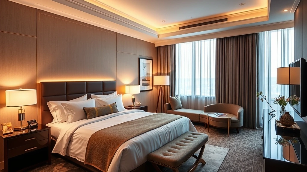 Upscale hotel suite bedroom featuring elegant bedding, ambient lighting, tasteful furnishings, and sophisticated interior design elements without any text or signage