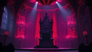 A luxurious throne room with infernal gothic architecture, dramatic purple and red lighting, ornate decorative elements suggesting royal authority and power, empty throne suggesting absence of a ruler, photorealistic atmospheric setting