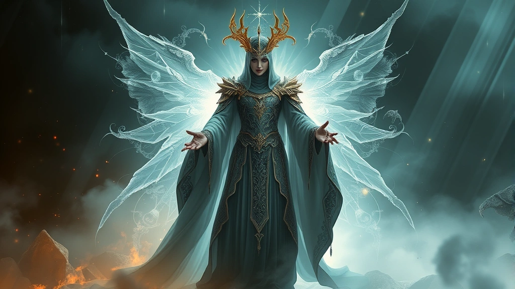 An ethereal figure in royal regalia standing in a liminal space between dark and light realms, elegant flowing clothing with demonic and celestial elements merged together, mysterious and powerful presence, photorealistic fantasy aesthetic