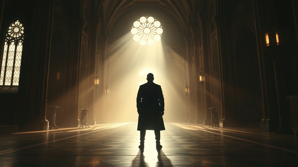 A dramatic reunion scene composition showing a silhouetted figure approaching another across a grand hall, emotional tension conveyed through lighting and distance, gothic and celestial architectural elements, photorealistic dramatic lighting