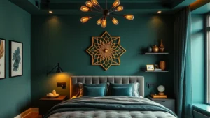 Modern apartment bedroom featuring jewel-tone emerald walls, gold geometric wall art, theatrical ambient lighting with warm Edison bulbs in a statement fixture, luxurious velvet furniture, and ornamental decorative objects arranged on floating shelves