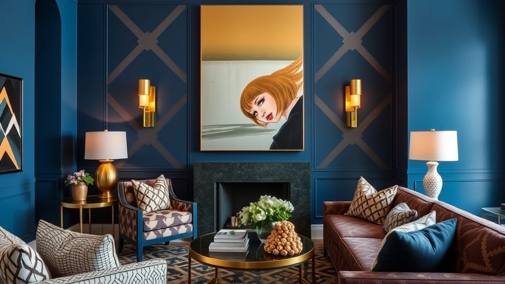 Contemporary living room with art deco-inspired geometric patterns, deep blue accent wall, mixed metallic accents in gold and brass, layered lighting including table lamps and wall sconces, and richly textured furnishings with patterned pillows