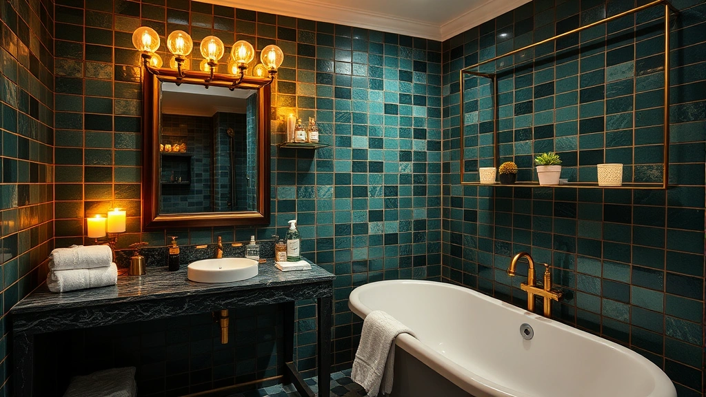 Upscale bathroom spa retreat with deep jewel-tone tile work, brass fixtures, theatrical vanity lighting with bulb-style lights around mirror, plush towels, decorative objects on shelving, and ambient candle lighting creating sophisticated atmosphere