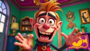 Vibrant animated character with exaggerated expressive facial features showing dramatic emotion, theatrical pose in colorful interior setting, animation style with bold outlines