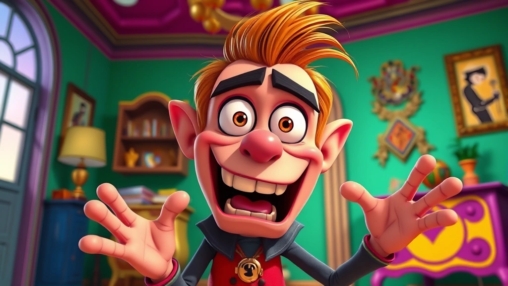 Vibrant animated character with exaggerated expressive facial features showing dramatic emotion, theatrical pose in colorful interior setting, animation style with bold outlines