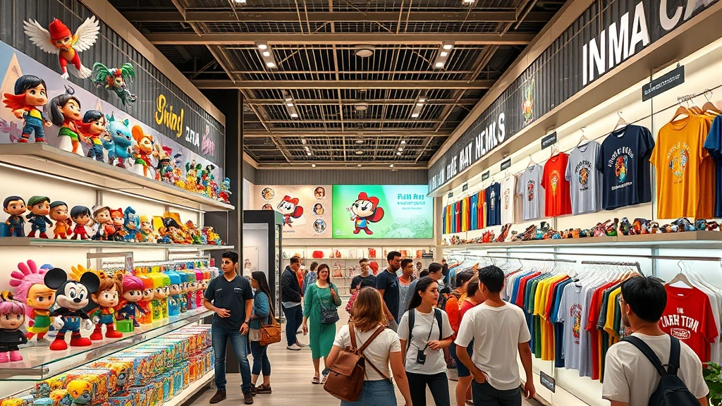 Modern retail store interior with colorful animation merchandise displays, character figurines on shelves, t-shirts hanging on racks, warm lighting, diverse shoppers browsing, no text or store names visible