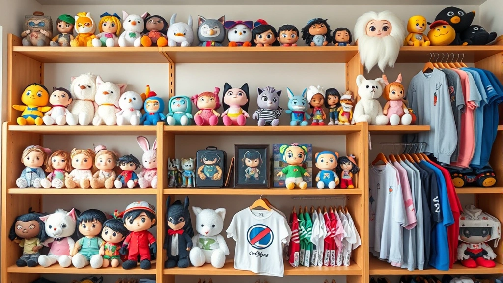 Organized collection of collectible animation merchandise including plushies, figures, and apparel arranged on wooden shelving unit, natural lighting, clean aesthetic, no product labels or text visible