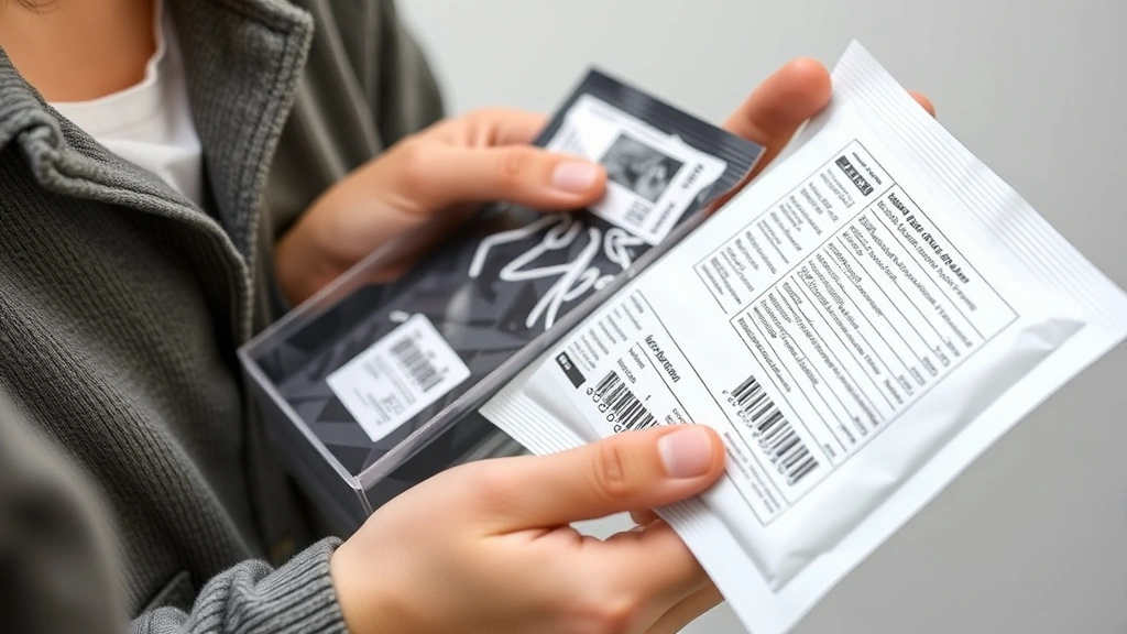 Person holding authentic merchandise packaging and product, examining quality details, close-up of packaging materials and printing quality, hands-on inspection moment, neutral background, no identifying text