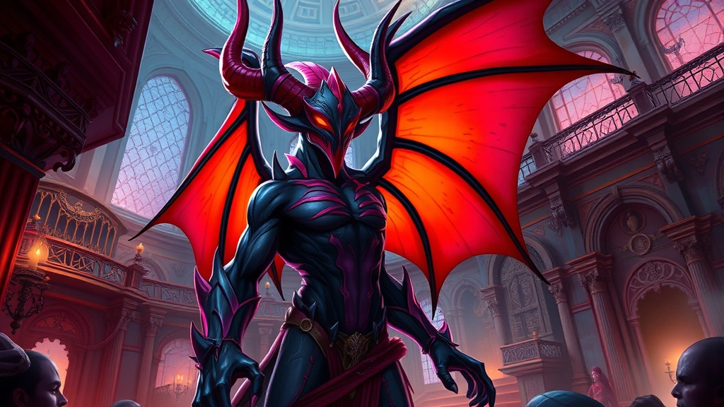 Vibrant demon character with striking color palette and distinctive silhouette, ornate Hell setting with gothic architecture, photorealistic lighting and details