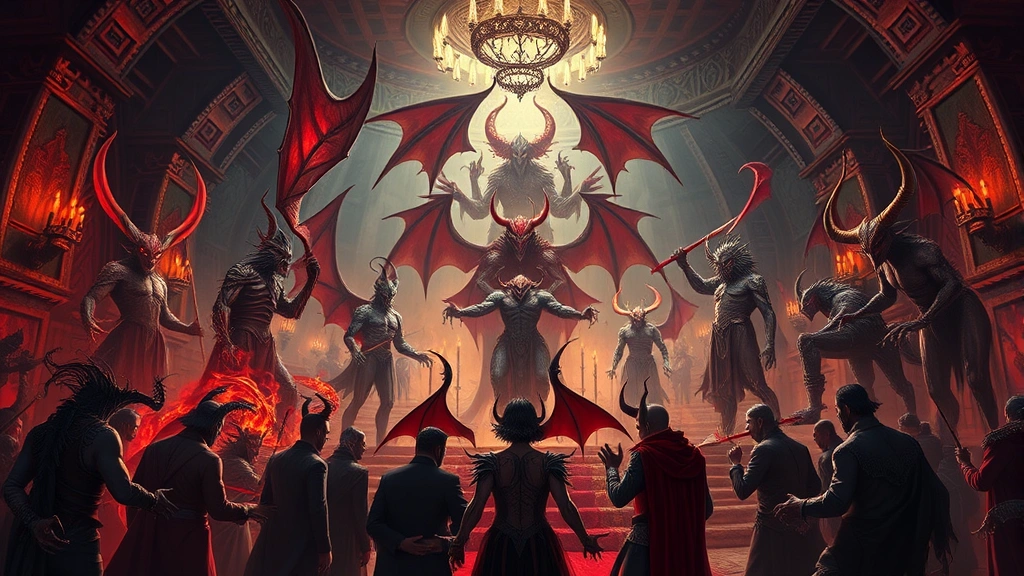 Hell's hierarchical demon society gathering, various demon types with unique designs, elaborate underground palace ballroom with infernal atmosphere