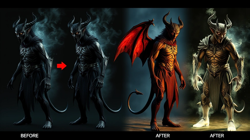 Character transformation sequence showing demon evolution, before and after visual comparison, detailed costume and appearance changes with supernatural effects