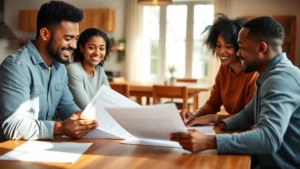 Diverse family reviewing housing documents and mortgage papers at kitchen table, warm natural lighting, comfortable home interior, smiling faces showing hope and determination