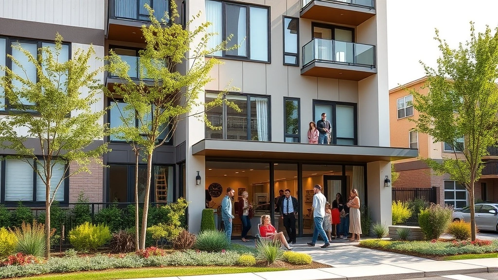 Modern affordable apartment building exterior with landscaping, welcoming entrance, diverse residents in common area, bright daylight, residential neighborhood setting, contemporary architecture