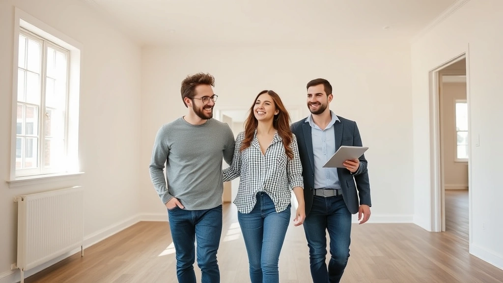 Young couple walking through empty house with real estate agent, natural sunlight through windows, clean bright spaces, hopeful expressions, professional casual clothing, empty rooms ready for occupancy