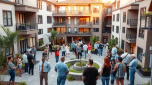 Modern co-housing community with diverse residents gathering in a shared courtyard, warm afternoon lighting, mixed architectural styles blending together, people of different ages and backgrounds socializing near a central garden feature
