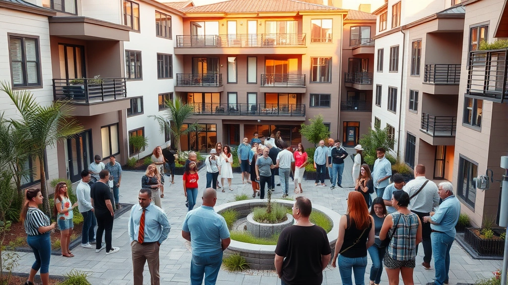 Modern co-housing community with diverse residents gathering in a shared courtyard, warm afternoon lighting, mixed architectural styles blending together, people of different ages and backgrounds socializing near a central garden feature