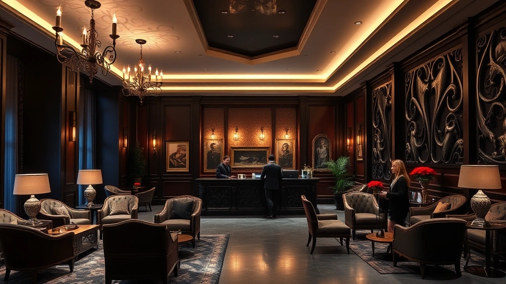Contemporary boutique hotel lobby with theatrical gothic-inspired design elements, moody lighting, ornate but welcoming furniture, guests checking in at a decorative reception desk, artistic wall installations and character-driven interior design