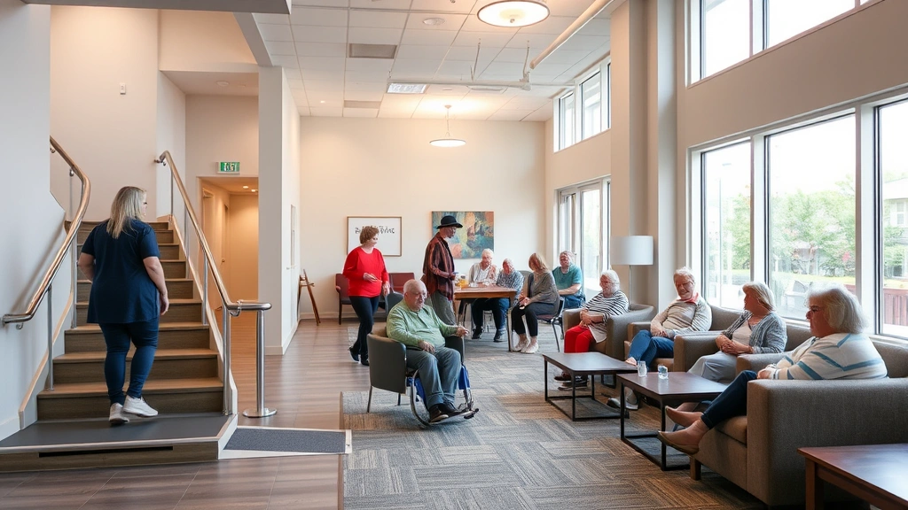 Inclusive residential community space showing accessible design features, ramp alongside stairs, clear wayfinding, comfortable seating areas, natural light through large windows, diverse group of residents of various ages and abilities in shared common room