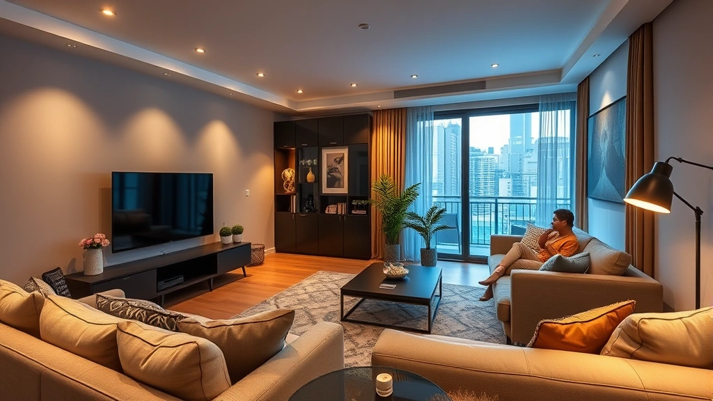 Modern apartment living room with comfortable seating arrangement, warm lighting, and contemporary furniture demonstrating comfortable residential space where people might watch entertainment