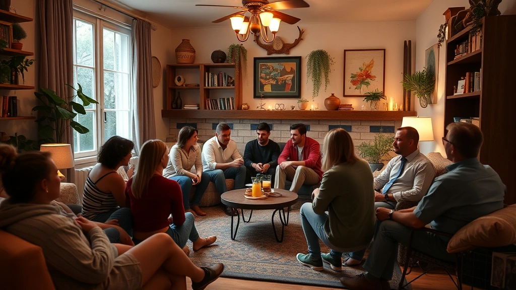Community gathering space or cozy residential interior showing multiple people engaged in discussion and shared activities, representing fan community connection and social engagement