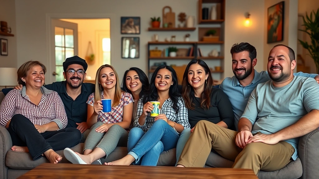 Diverse group of people in casual residential setting enjoying entertainment together on comfortable seating, representing inclusive fanbase demographics and shared viewing experiences