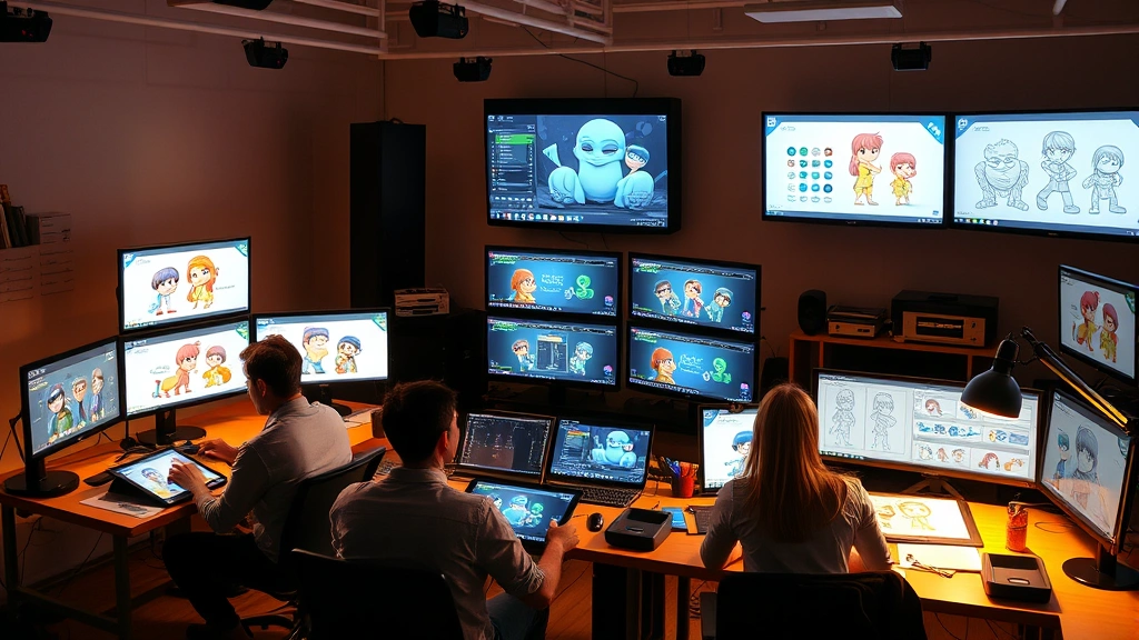 Modern animation studio workspace with multiple monitors displaying character designs and storyboards, professional animators collaborating at desks with tablets and drawing equipment, warm lighting illuminating creative workspace