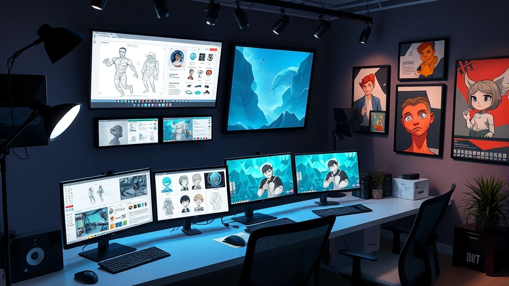 Modern animation studio workspace with multiple computer monitors displaying character designs and storyboards, professional lighting, comfortable ergonomic setup, inspirational artwork on walls