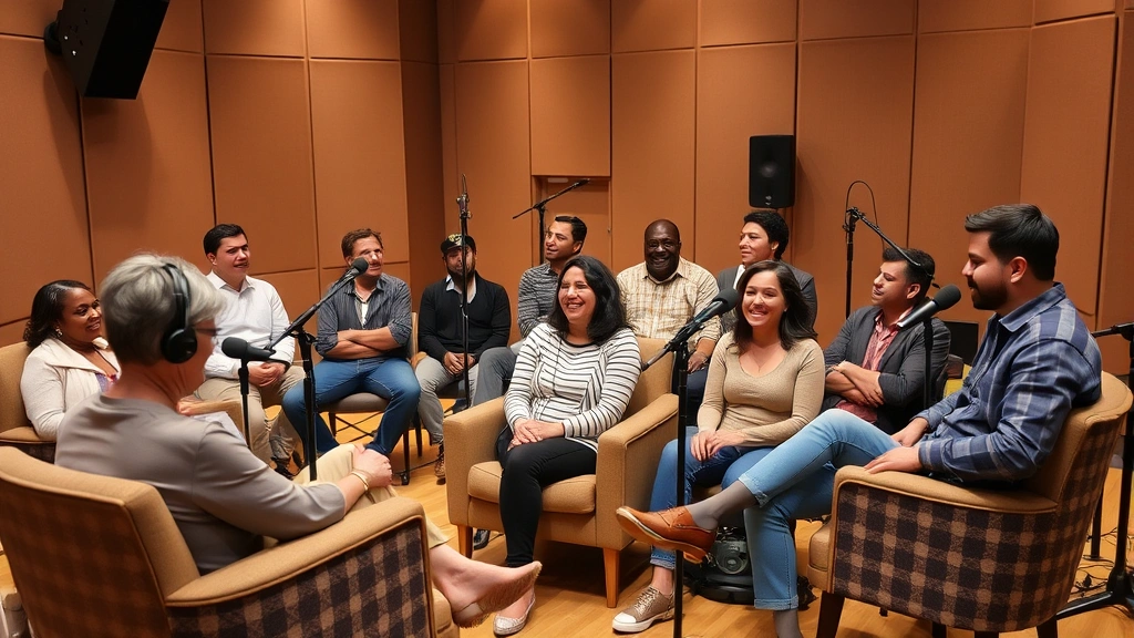 Diverse group of people sitting in comfortable chairs during a voice acting recording session, professional microphones and sound equipment visible, warm studio lighting, collaborative atmosphere