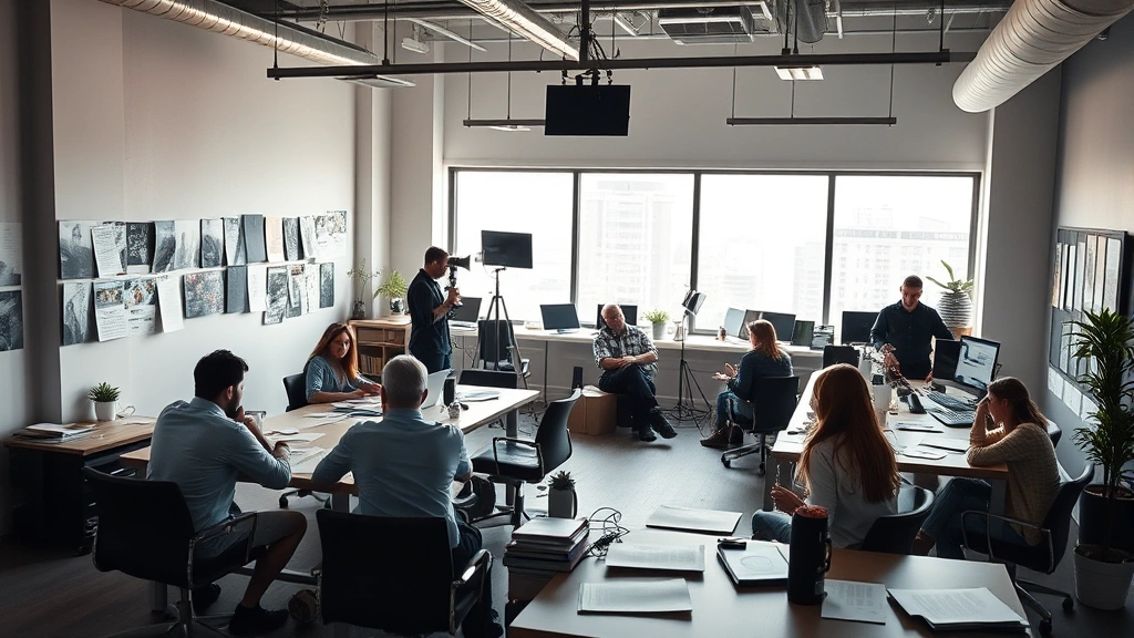Contemporary streaming service production office with team members collaborating around tables with concept art and scripts, natural window lighting, creative workspace environment, professional yet relaxed setting