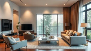 Modern residential interior with elegant contemporary furniture, warm lighting, comfortable seating arrangement, neutral color palette, professional staging photography