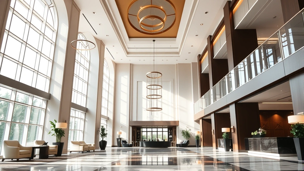 Luxury hotel lobby or common area with high ceilings, sophisticated architectural details, welcoming ambiance, professional interior design, natural daylight streaming through windows