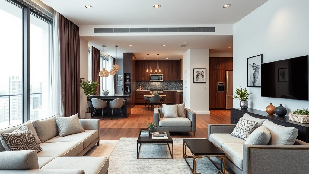 Upscale apartment or residential space with modern amenities, well-designed living quarters, comfortable furnishings, professional photography style, residential architecture focus