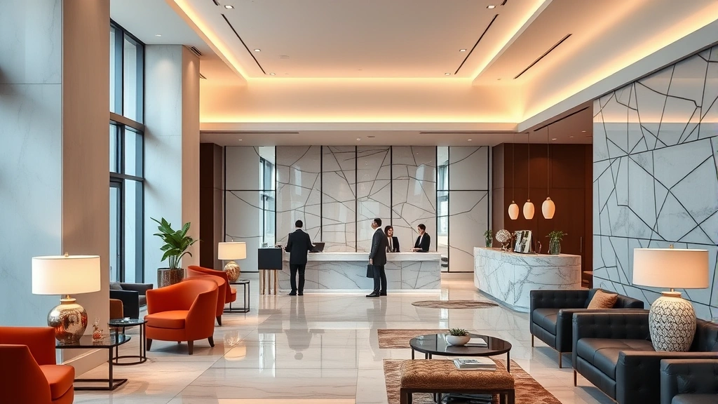 Modern hotel lobby with elegant contemporary furniture, warm lighting, guests checking in at marble reception desk, professional hospitality staff assisting visitors, clean minimalist design