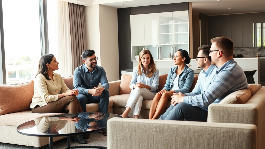 Diverse group of adults having serious conversation in comfortable hotel lounge area, sitting on contemporary couches, natural lighting from large windows, supportive body language, professional setting