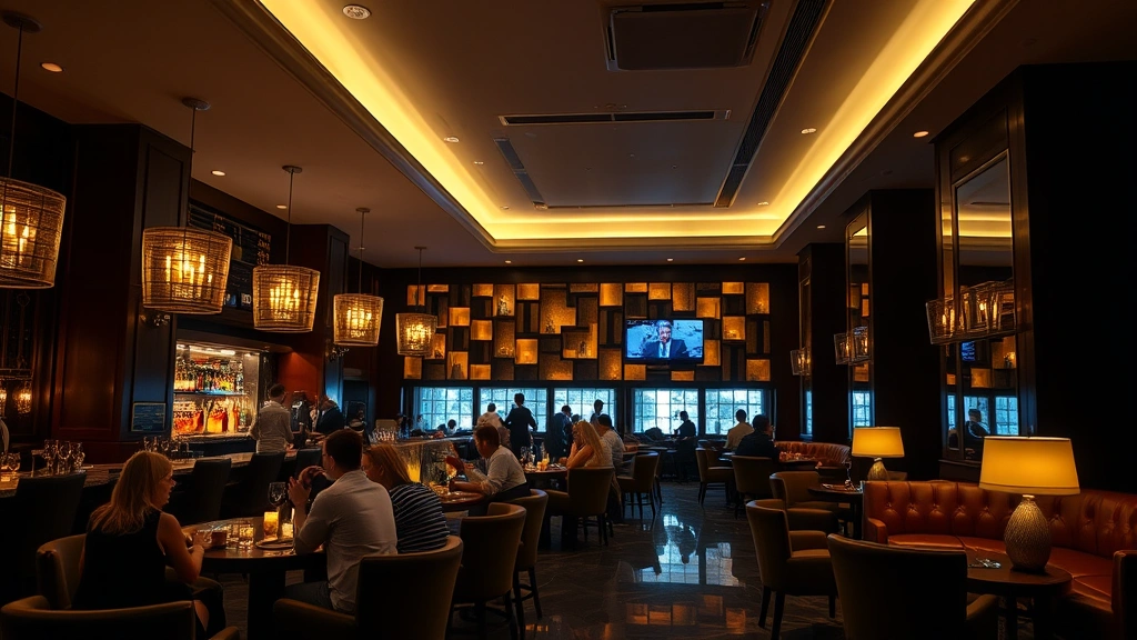 Upscale hotel bar and lounge space with sophisticated ambiance, dim mood lighting, comfortable seating arrangements, adult guests socializing, elegant decor reflecting mature hospitality environment