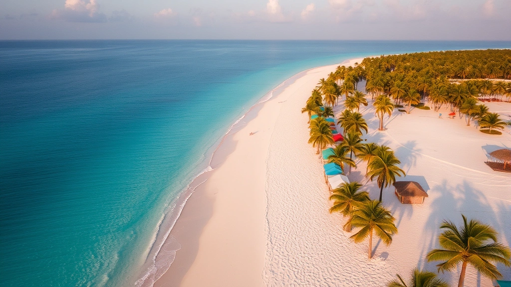 Aerial view of white sand Holbox beach with turquoise water, palm trees, and colorful wooden beach huts, no people visible, golden hour lighting