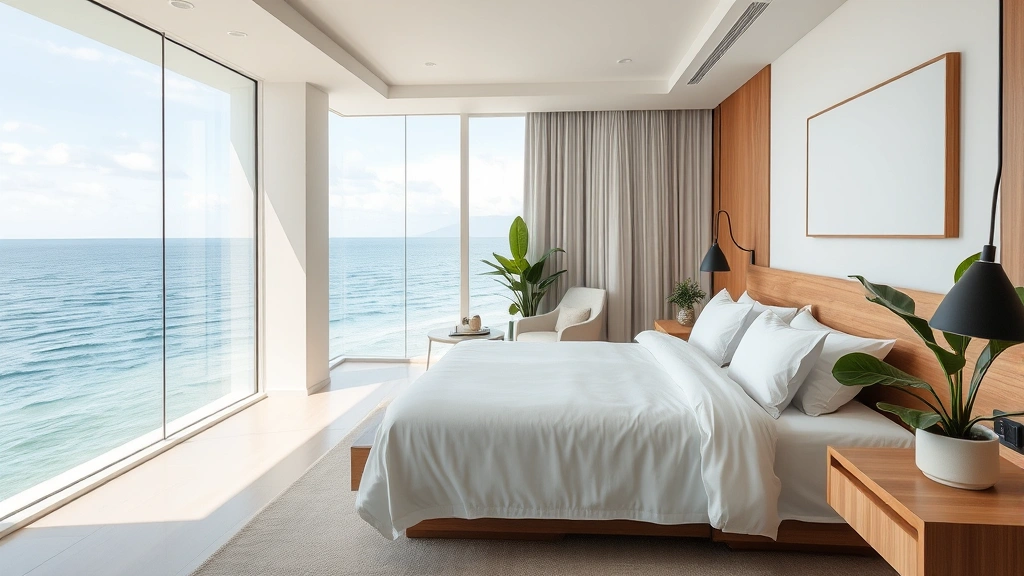 Modern minimalist hotel room with ocean view through large windows, white linens, wooden accents, tropical plants, soft natural lighting, no visible signage