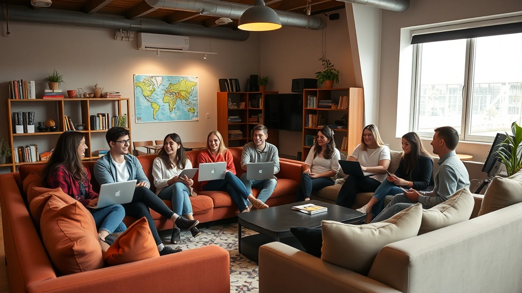 Bright modern hostel common lounge with travelers socializing on comfortable couches, laptops and maps visible, warm lighting, diverse group of young adults chatting and laughing