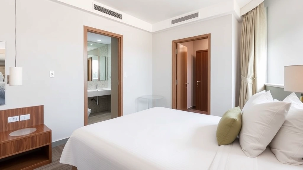 Clean contemporary hotel bedroom with neatly made bed, private bathroom visible through open door, natural light from window, professional linens and modern furnishings