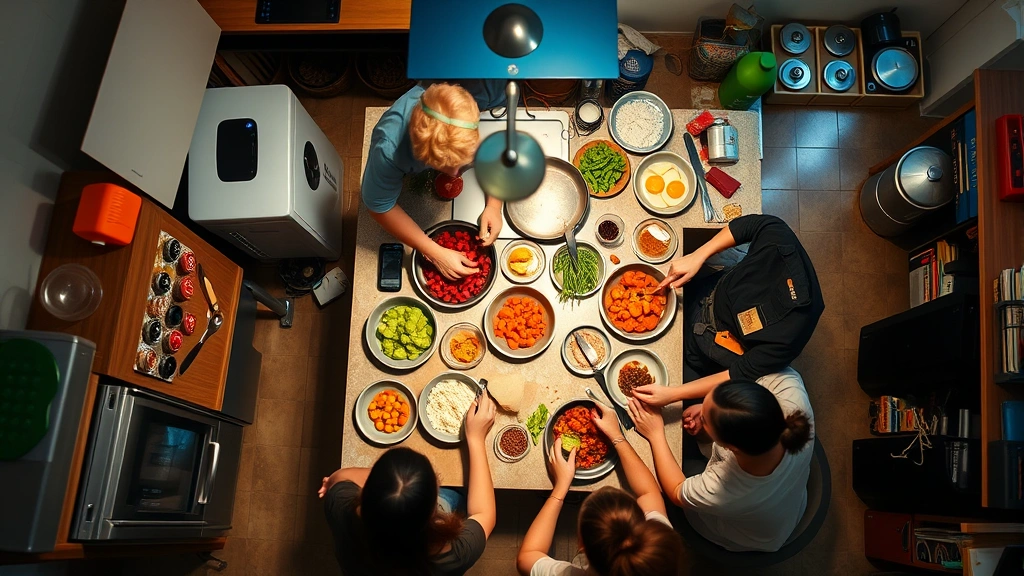 Overhead view of hostel kitchen with travelers preparing meals together, colorful ingredients on counter, shared cooking space with multiple people collaborating