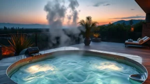 Luxurious modern hot tub with steam rising, surrounded by natural stone, evening lighting reflecting off water, peaceful resort setting with plants and comfortable lounging area nearby