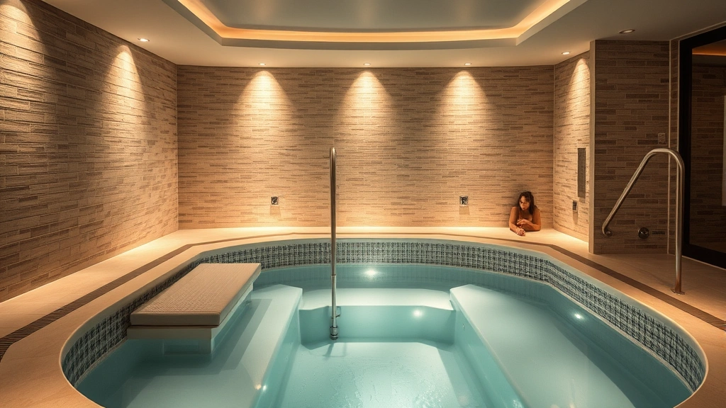 Indoor spa hot tub area with ambient lighting, waterproof seating benches visible, clean clear water, contemporary tile work, relaxing atmosphere with soft illumination and wellness-focused design