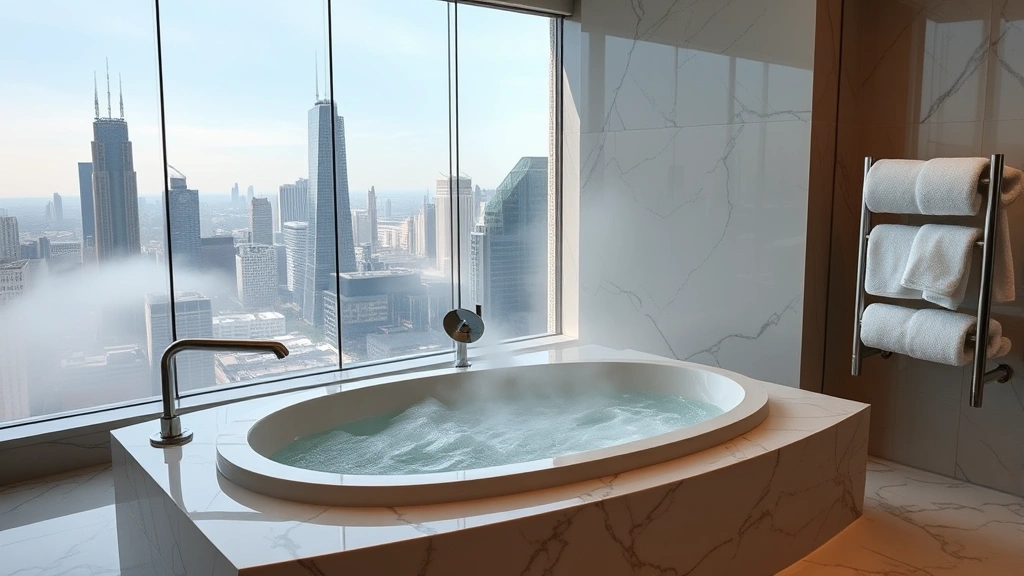 Luxurious marble bathroom with deep soaking tub overlooking Chicago skyline through floor-to-ceiling windows, steam rising from water, soft ambient lighting, plush white towels on heated rack, no visible text or addresses