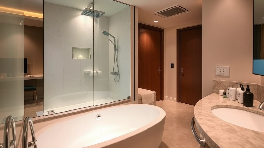 Modern hotel suite bathroom featuring freestanding white hot tub with mood lighting, rainfall showerhead visible, premium amenities on marble countertop, contemporary design elements, warm atmospheric lighting, no signage or identifying text
