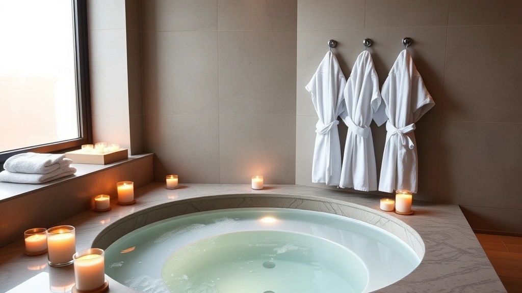 Spa-inspired hotel bathroom with sunken hot tub, candles arranged around edges, fluffy white robes draped nearby, soft natural light from window, minimalist luxury decor, no room numbers or hotel branding visible