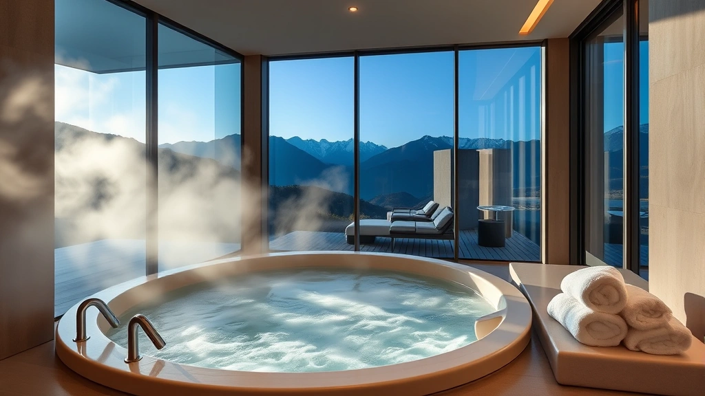 Modern luxury hotel room with large in-room hot tub by floor-to-ceiling windows overlooking mountains, steam rising, soft warm lighting, plush white towels nearby, contemporary bathroom design
